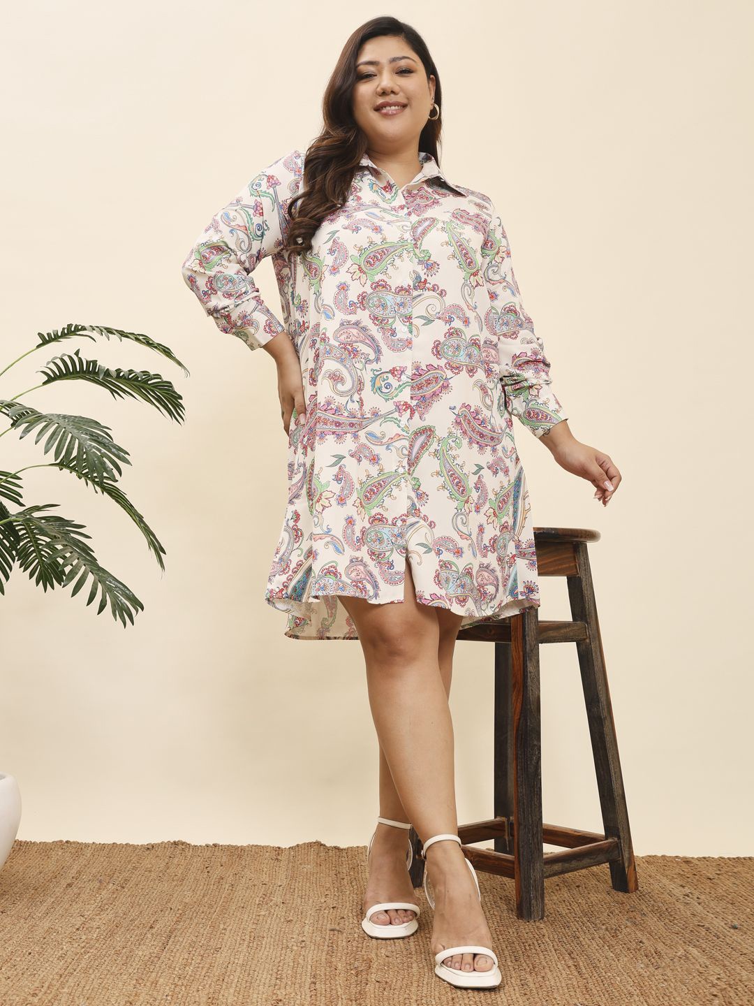 

MOOBA Women Plus Size Paisley Printed Shirt Dress, Off white