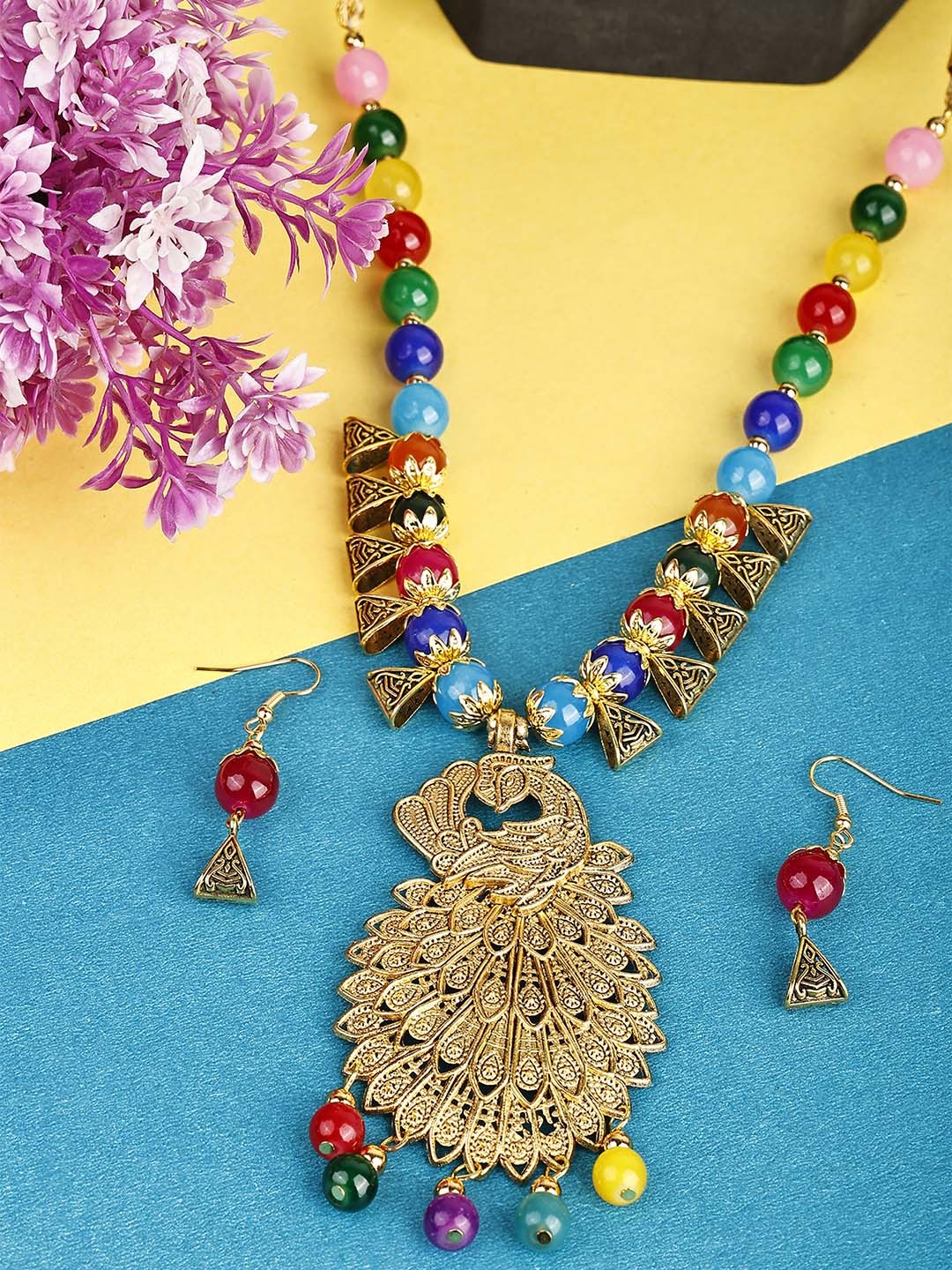 

SUNHARI Gold-Plated Beaded Peacock Design Jewellery Set