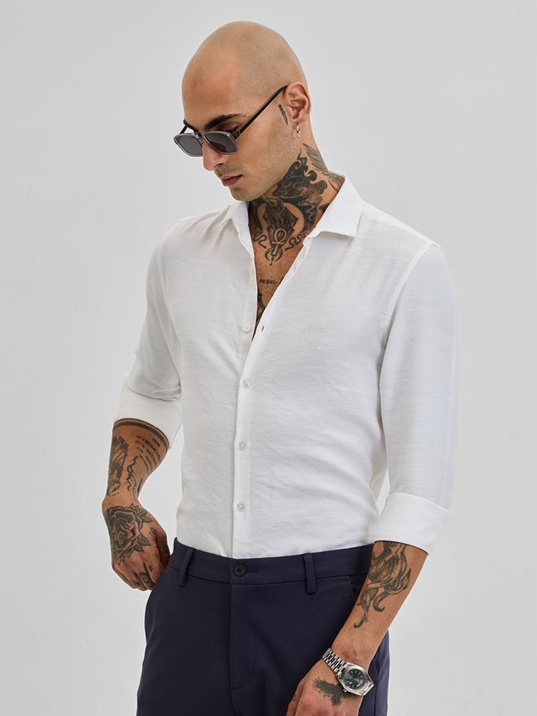 

Snitch Men Smart Spread Collar Solid Linen Slim Fit Formal Shirt, White