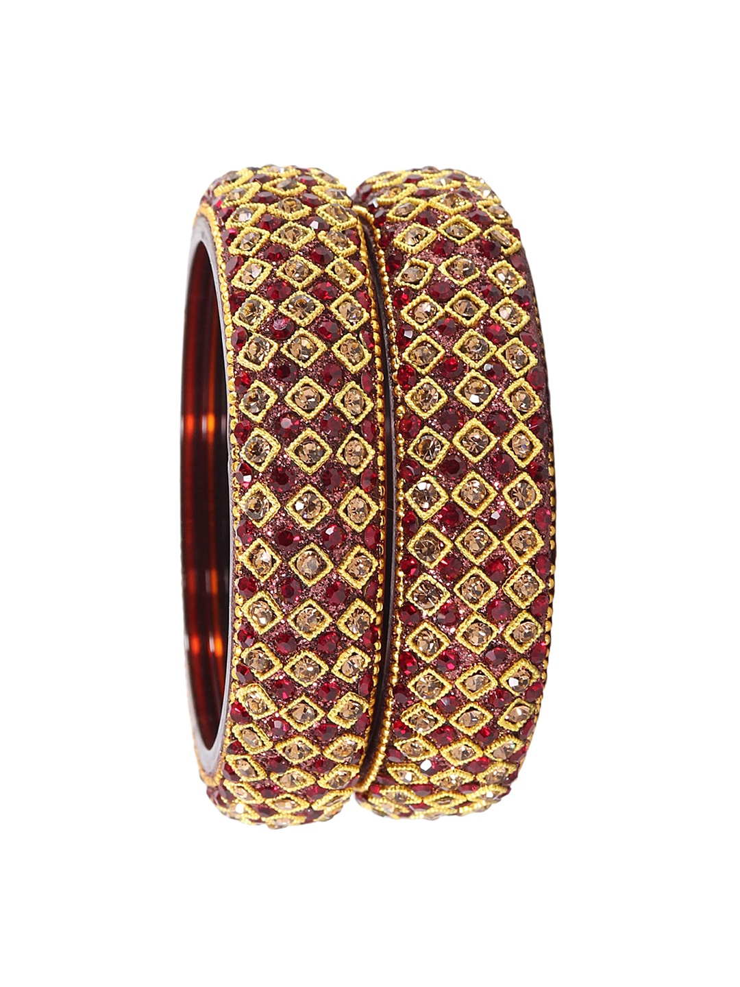 

ZULKA Set of 2 Golden Glass Zircon Stone & Beads Work Kada Bangles, Maroon