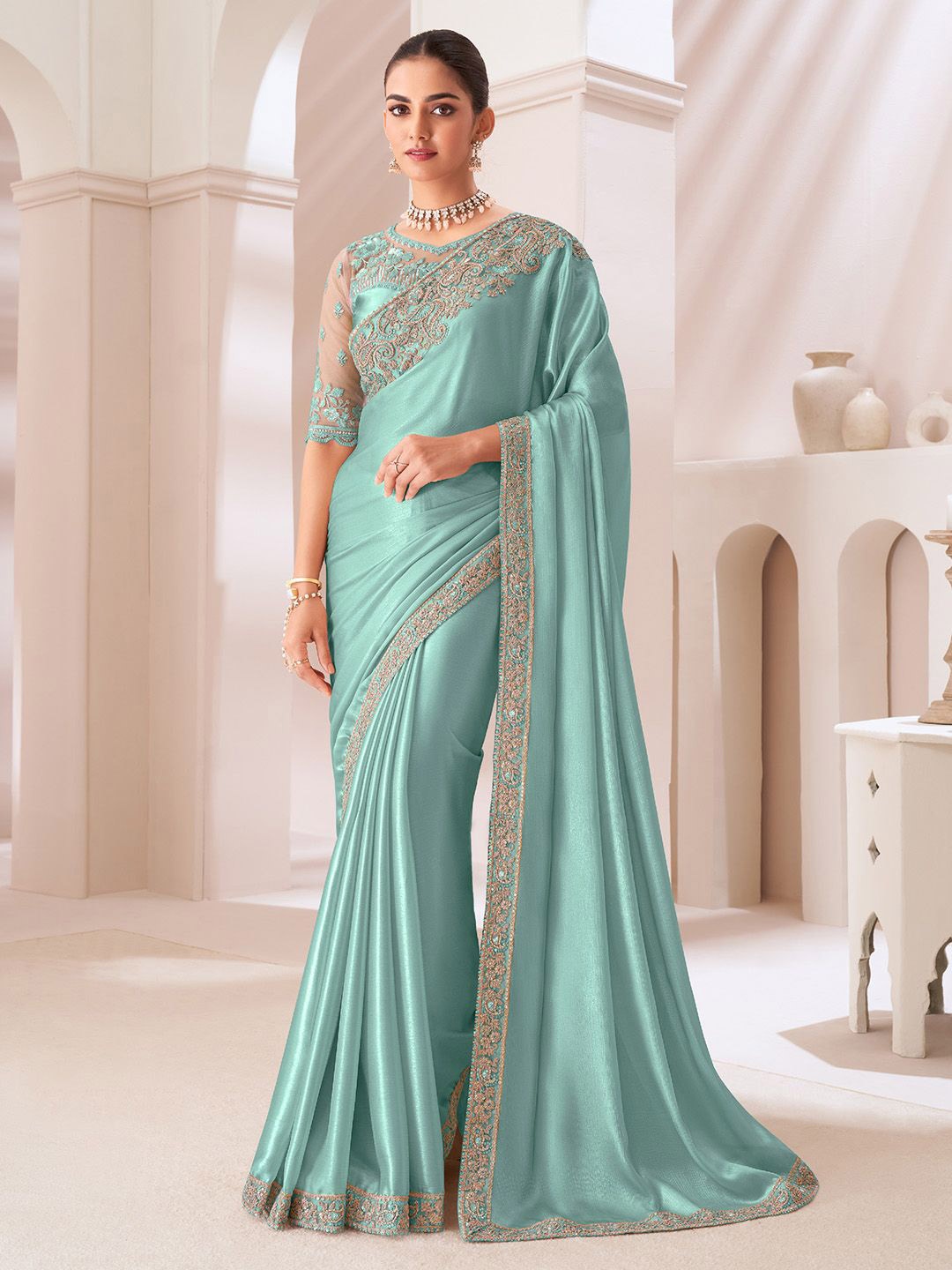 

Mitera Sequinned Embroidered Pure Chiffon Saree, Turquoise blue