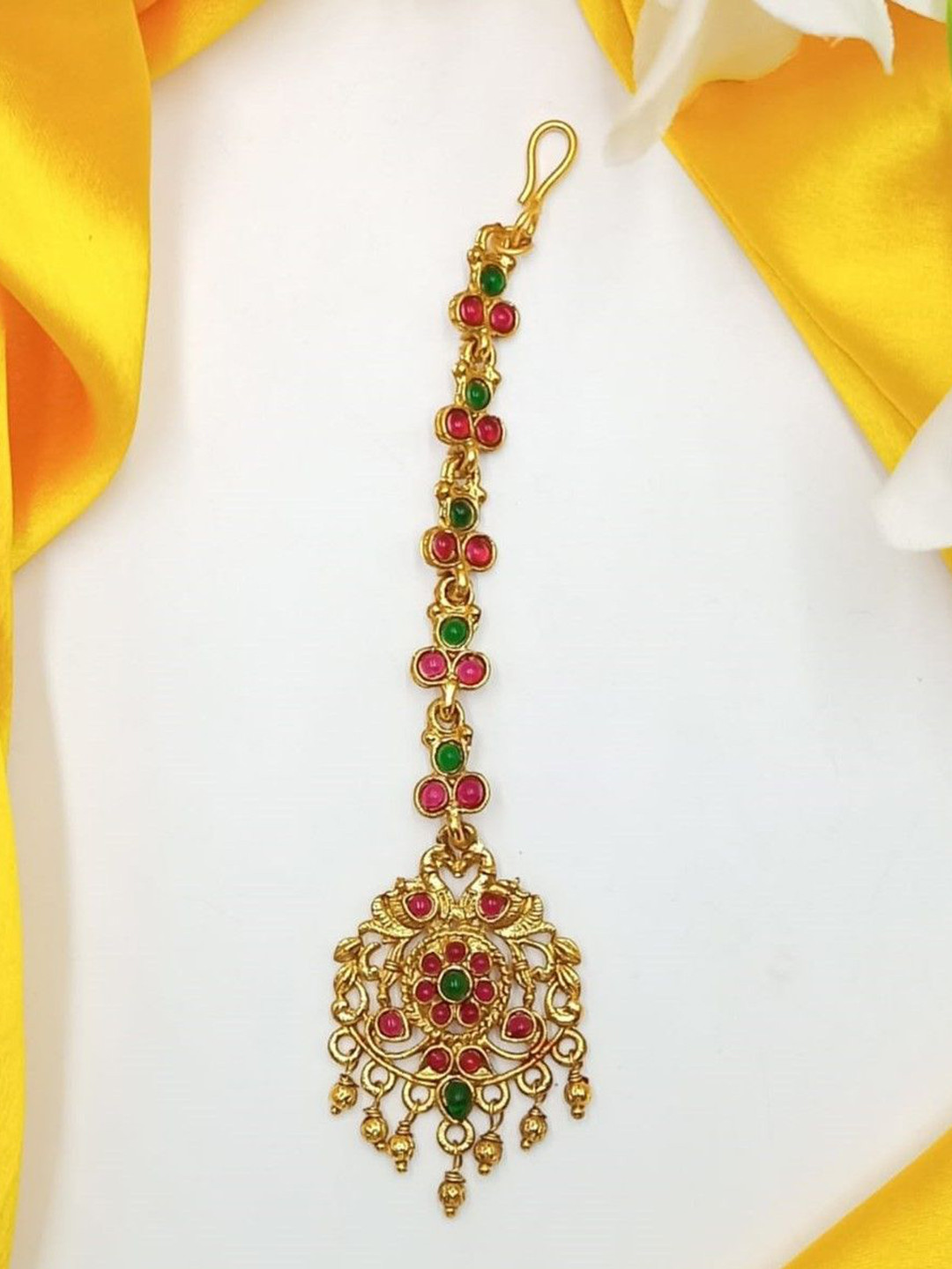 

USP JEWELS Women Gold-Plated Stones-Studded And Beaded Temple Multi-Color Maang Tikka