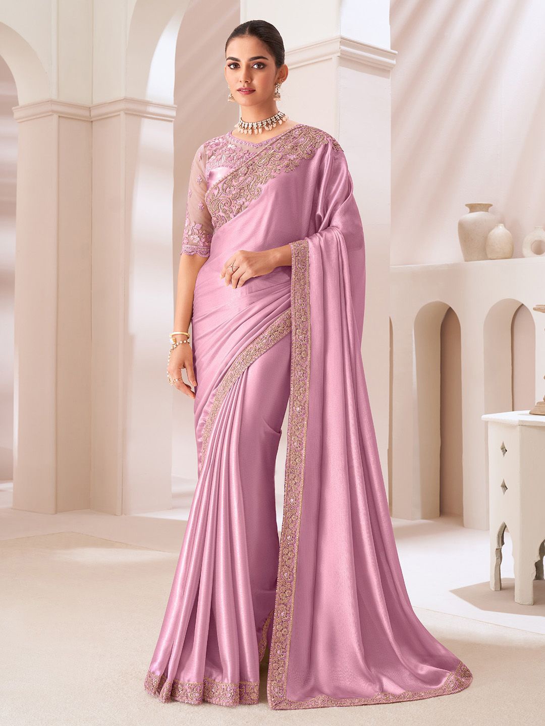 

Mitera Sequinned Pure Chiffon Saree, Mauve