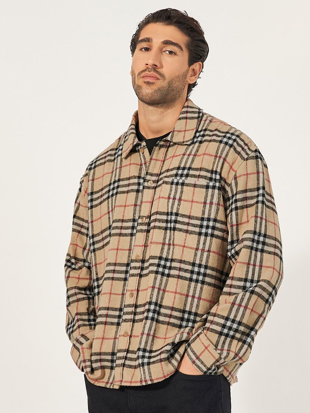 

Styli Men Heritage Brushed Flannel Checkered Oversized Shirt with Patch Pocket, Beige