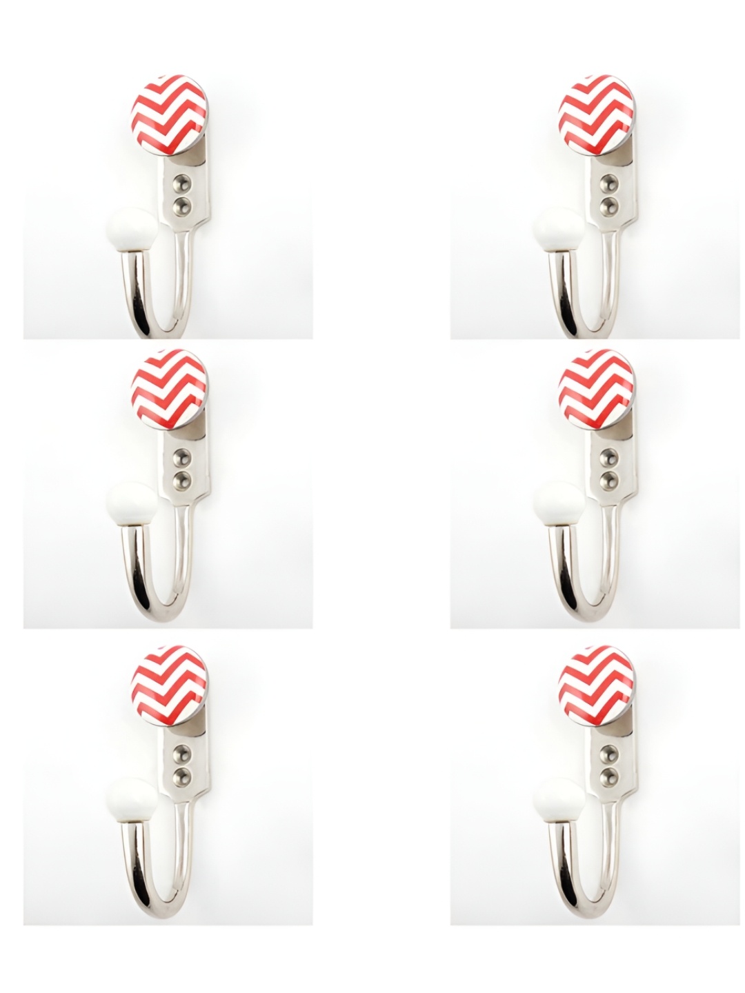 

IndianShelf Red & White 6 Pieces Ceramic Stripped Clothes Hanger for Wall Coat Hooks