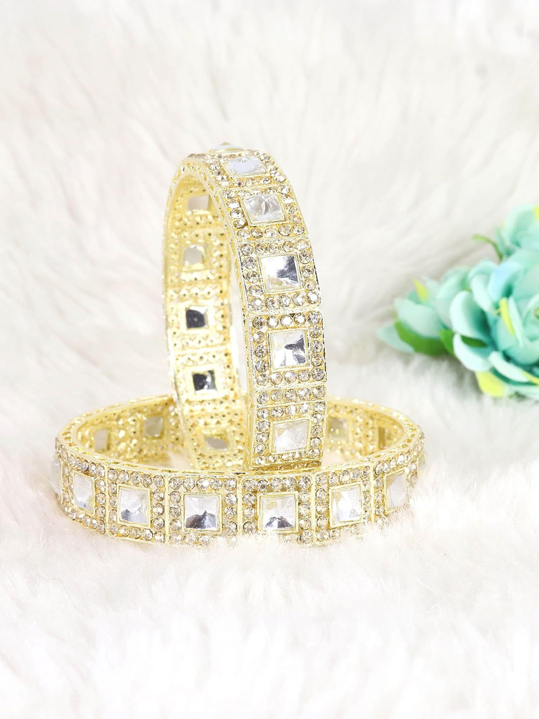 

ZULKA Set of 2 Metal Stone-Studded Bangles, Gold