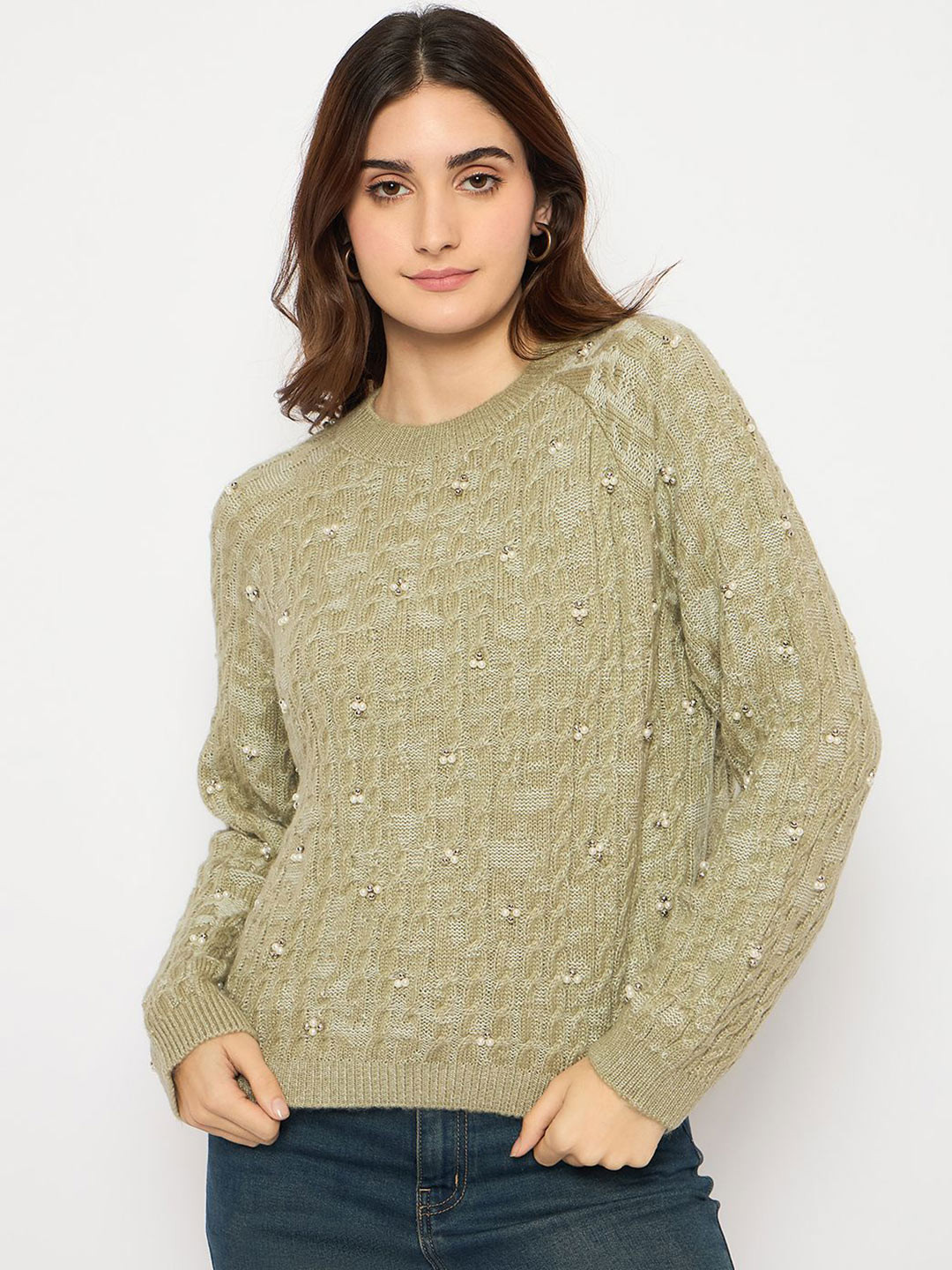 

Madame Women Self Design Open Knit Embellished Pullover Sweaters, Green