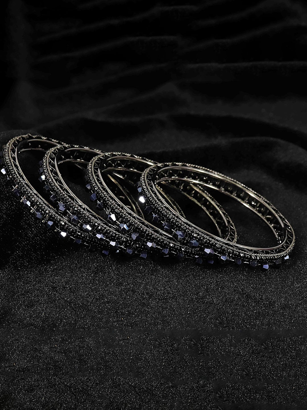 

ZULKA Set of 4 Stylish Metal Zircon Gemstone & Pearls Beads Bangles, Black