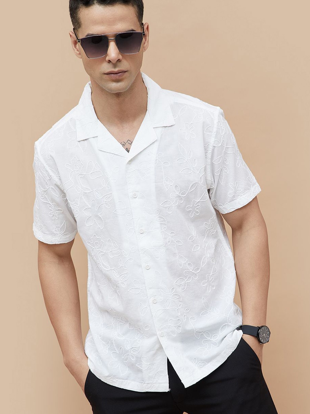 

CODE by Lifestyle Men Cuban Collar Floral Solid Cotton Casual Shirt, White