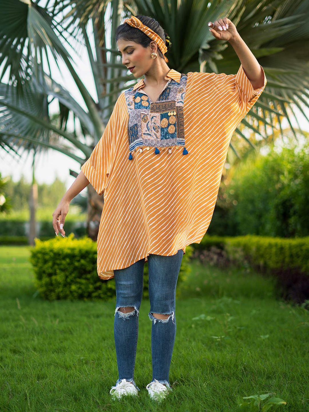 

EARTH O FAB Women Striped A-Line Dress, Orange