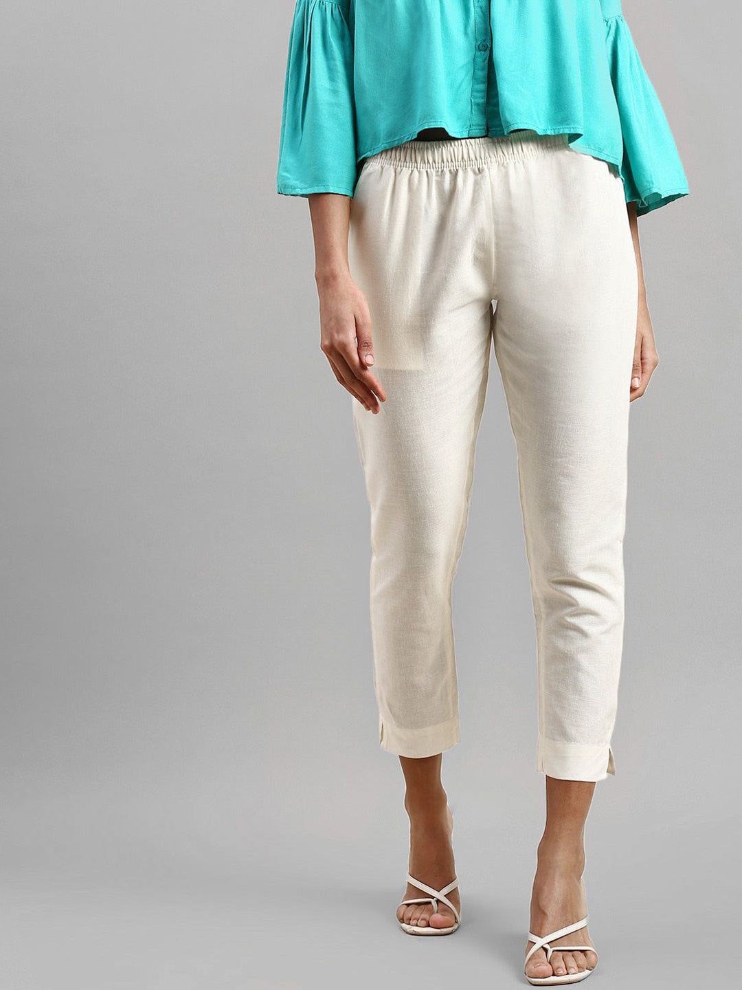 

IndianRang Women Relaxed Cotton Regular Trousers, Cream