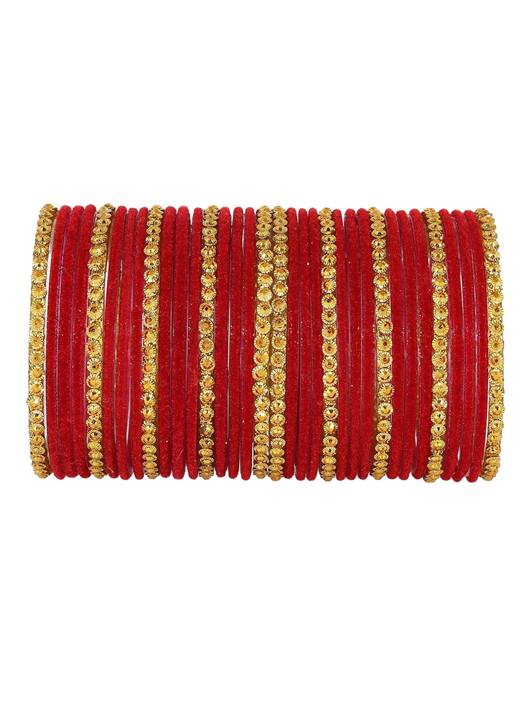 

ZULKA Set of 34 Stylish Glass & Golden Beads Velvet Bangle, Red
