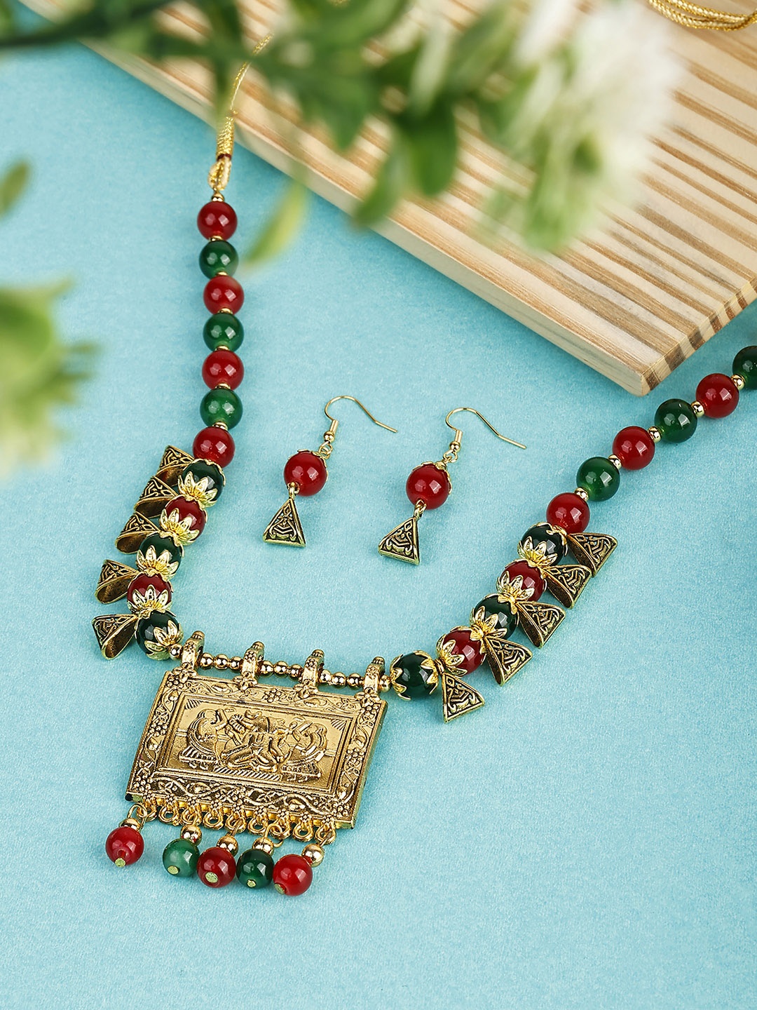 

SUNHARI Beaded Square Shaped Oxidized Jewellery Set, Gold
