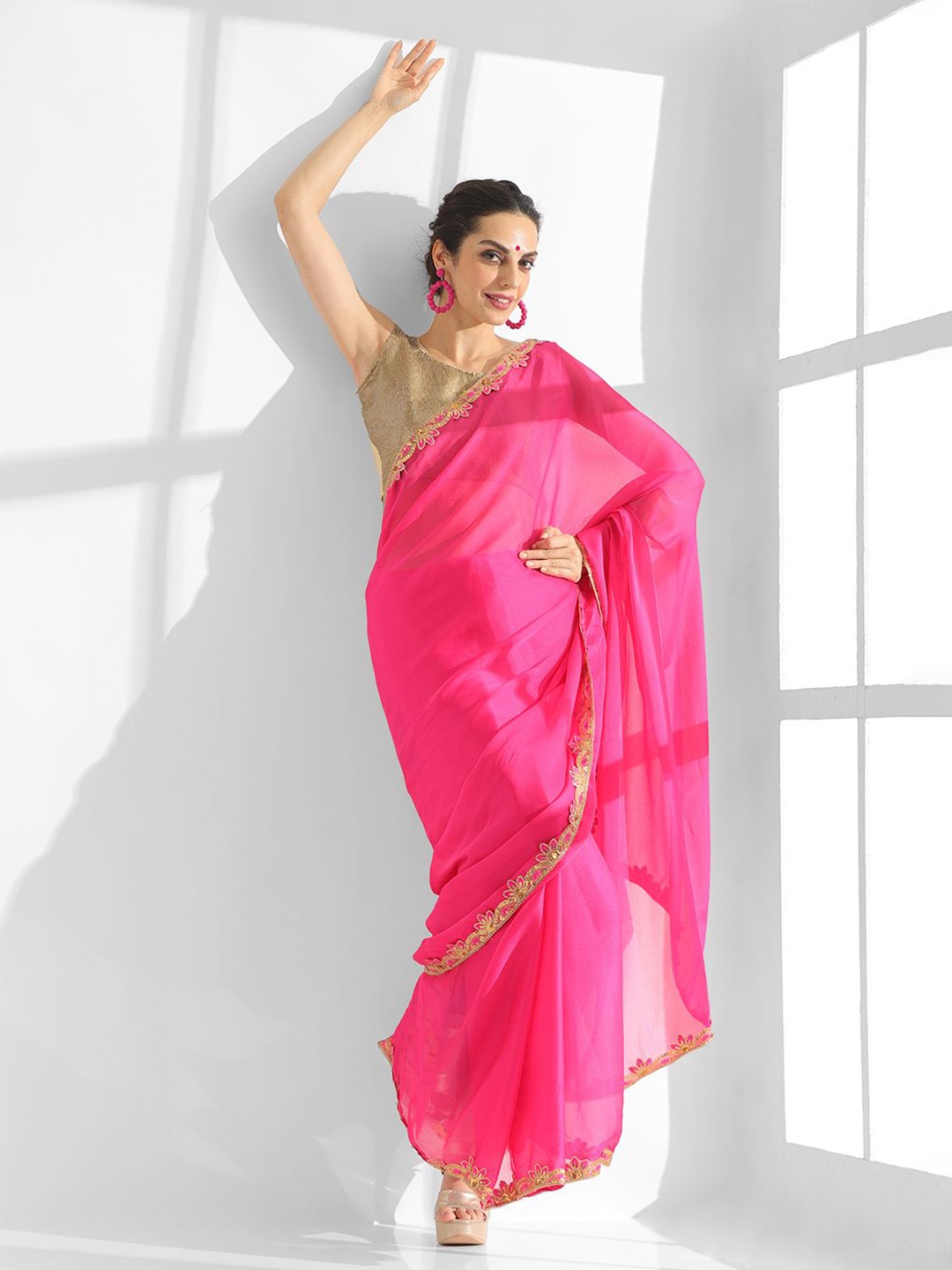 

Kalista Sequinned Embellished Pure Chiffon Saree, Pink