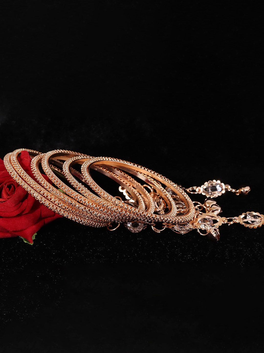 

ZULKA Set of 12 Metal with Zircon Stone and Bells Latkan Bangles, Rose gold
