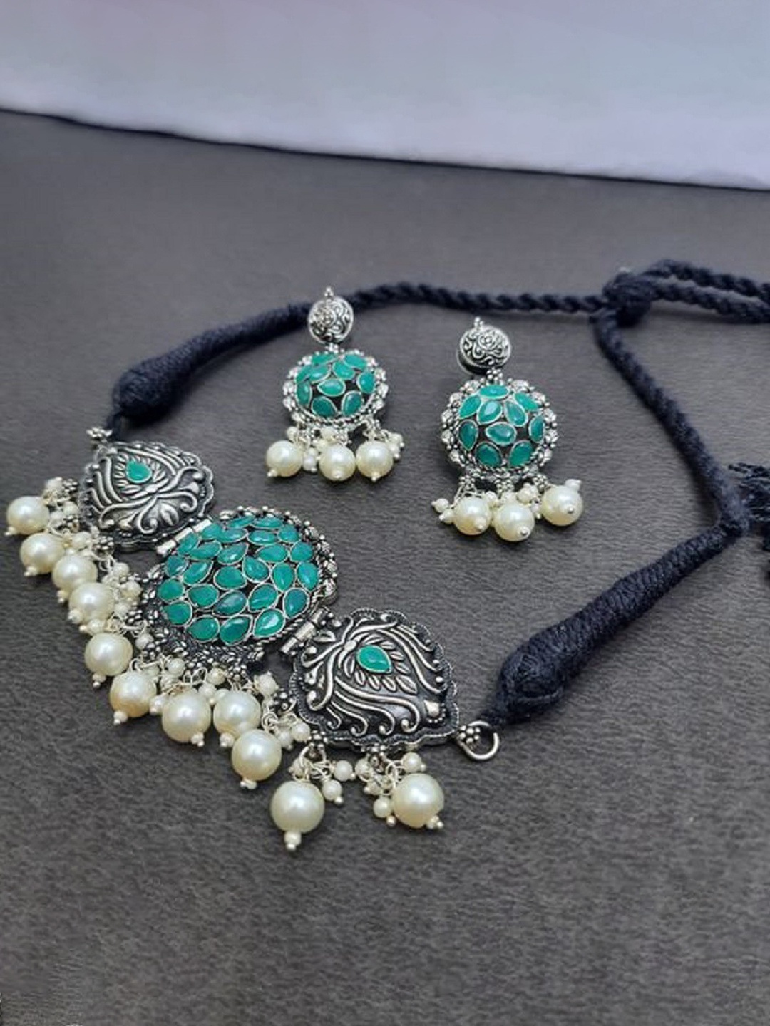 

SUNHARI Silver-Plated Stone Studded & Beaded Necklace & Earrings