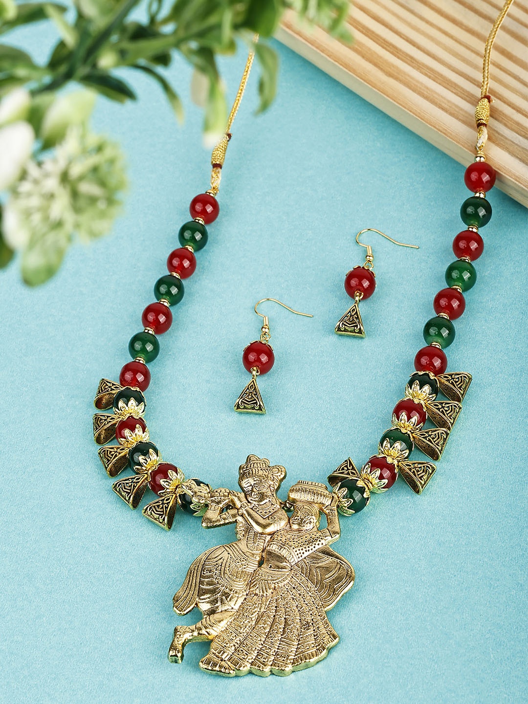 

SUNHARI Pearl-Beaded Radha Krishna Jewellery Set, Green