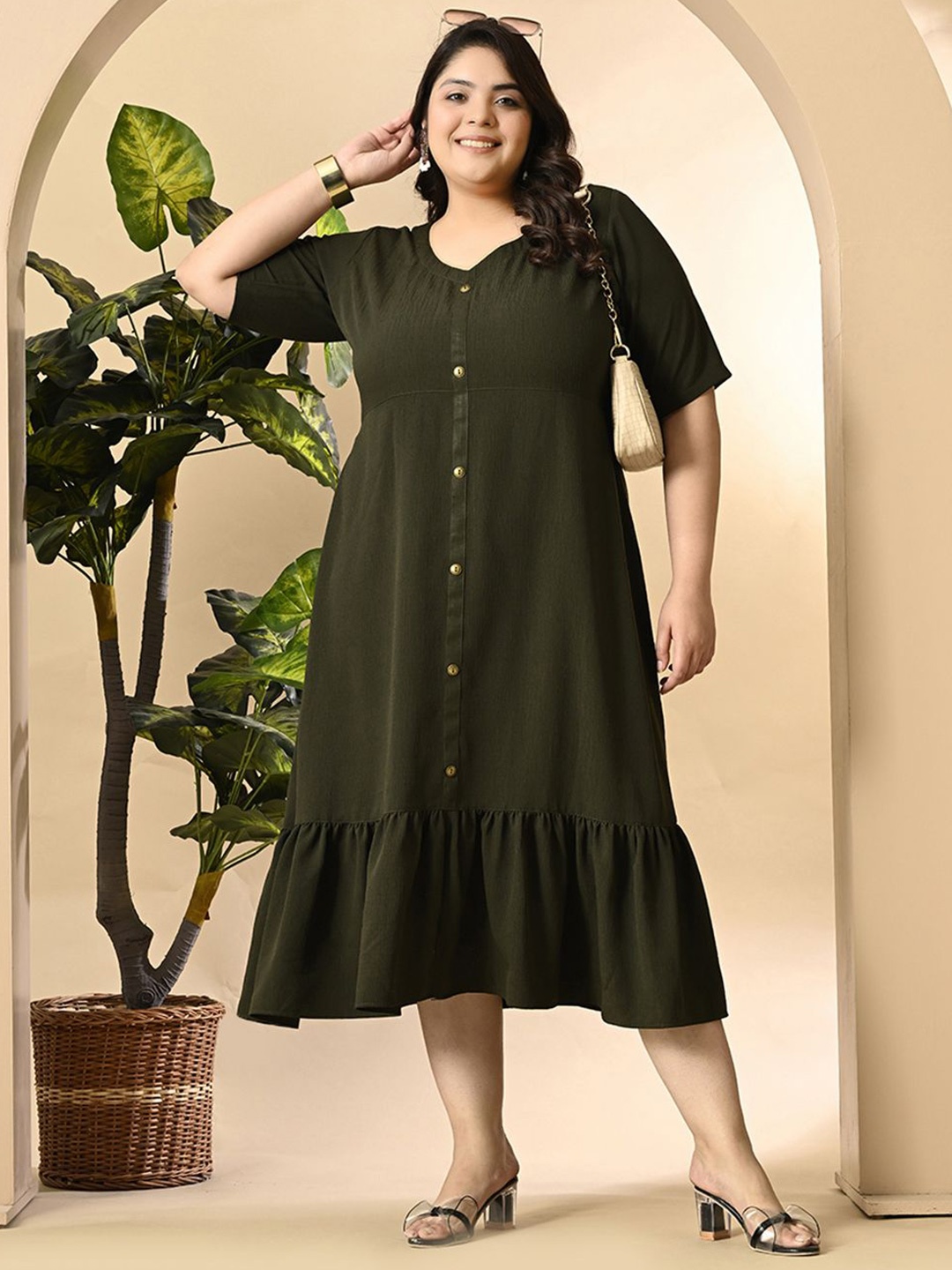 

PrettyPlus by Desinoor.com Women Plus Size Tiered Gathered Fit & Flare Midi Dress, Olive