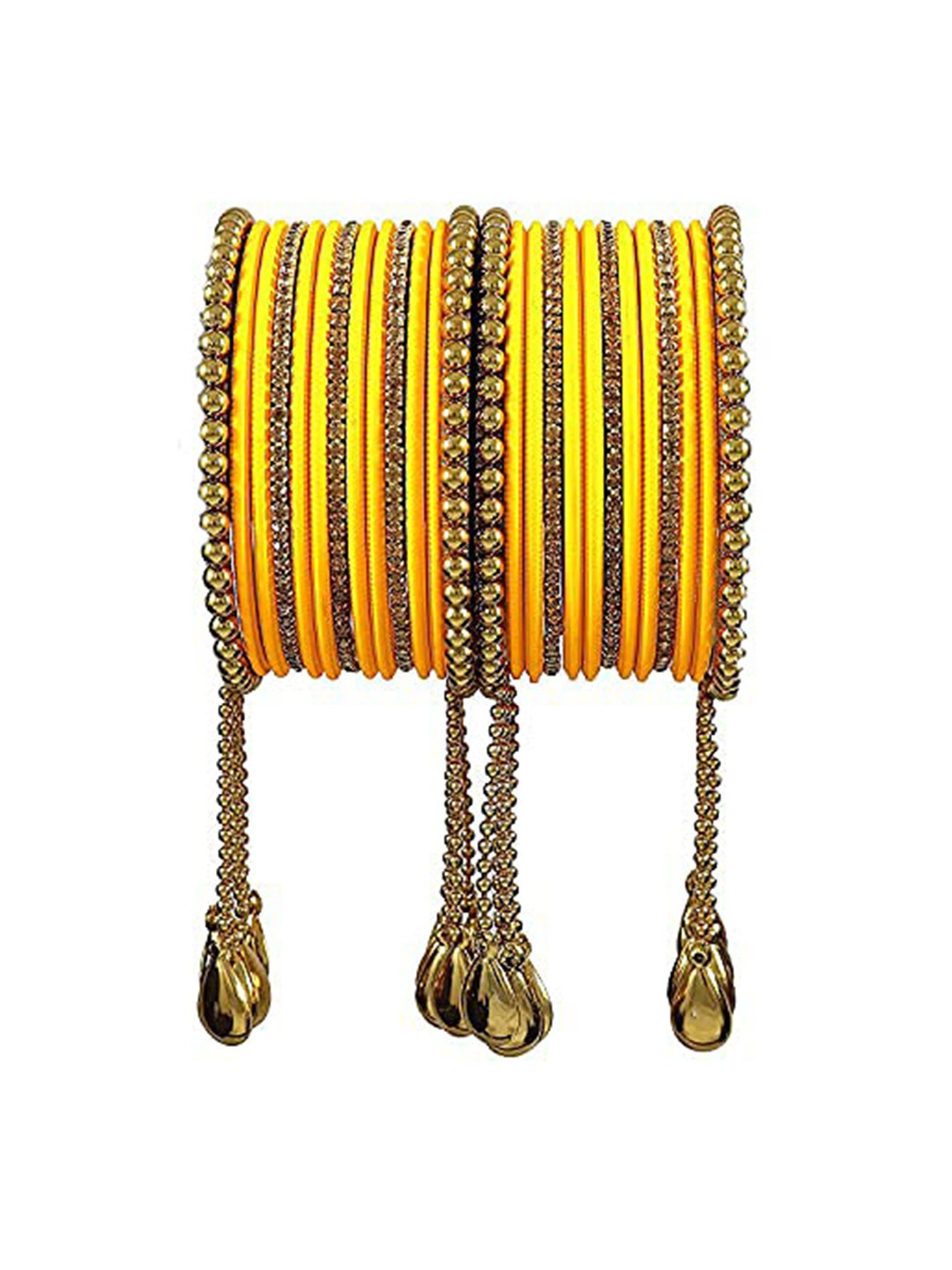 

ZULKA Set of 48 Alloy with Base Metal Zircon Gemstone Studded Textured Design Bangles, Yellow