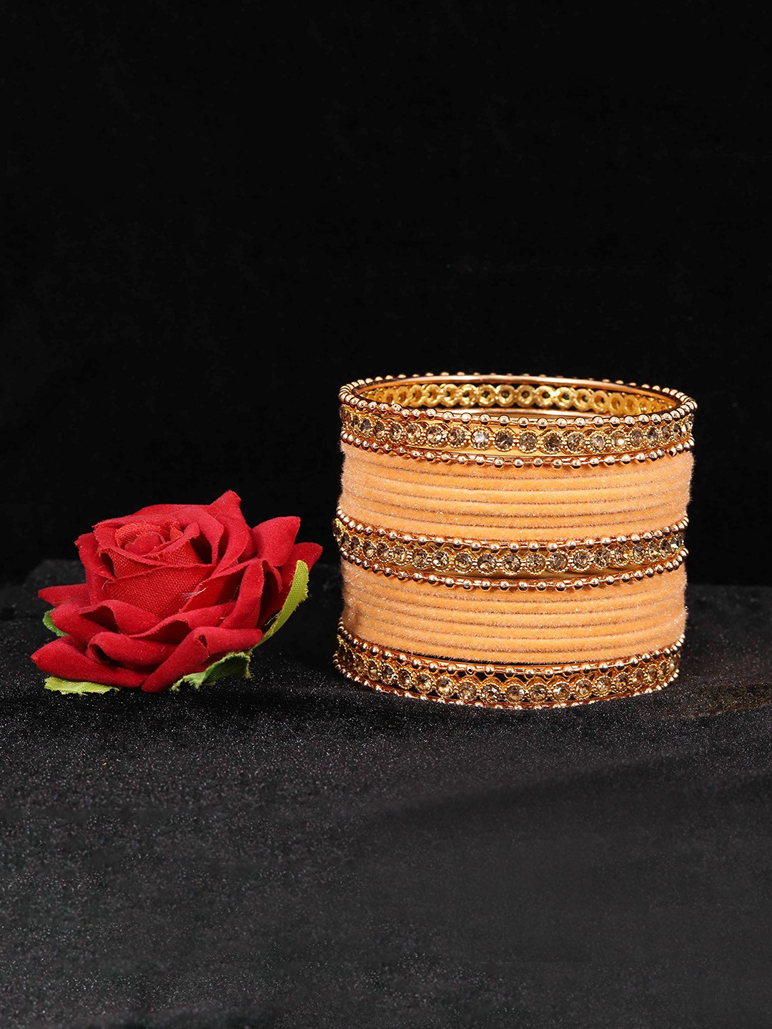 

ZULKA Set Of 40 Zari Dotted and Pearls Traditional Metal Bangle, Peach