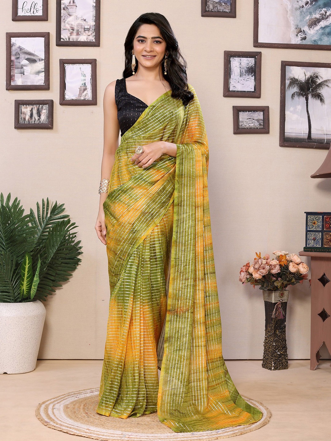 

LeeliPeeri Designer Striped Pure Georgette Ready to Wear Saree, Green