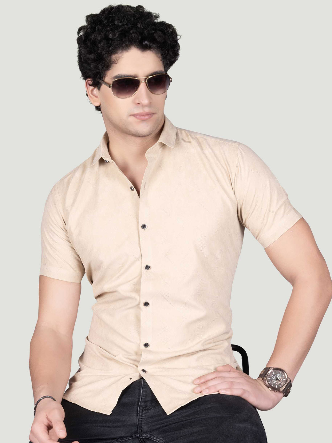 

ALMATY Men Comfort Slim Fit Solid Opaque Casual Shirt, Beige