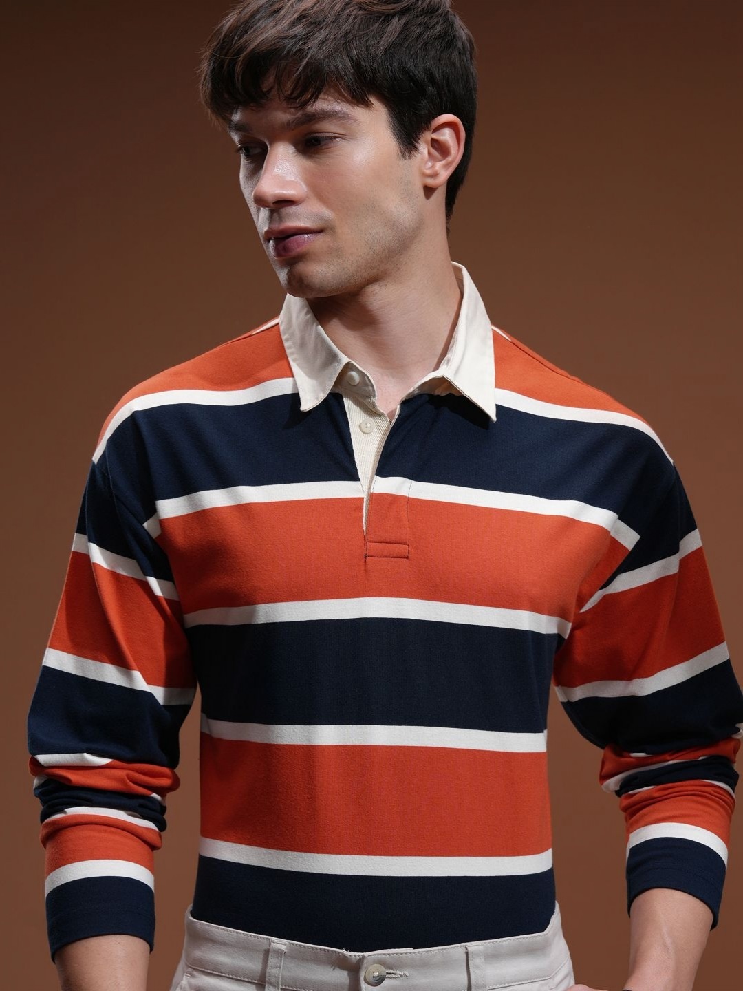 

HIGHLANDER Men Striped Polo Collar Relaxed Fit T-shirt, Navy blue