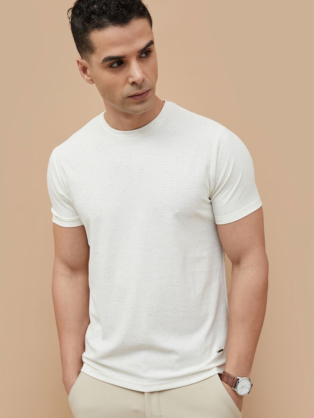 

CODE by Lifestyle Men Self Design Round Neck Linen T-shirt, Beige