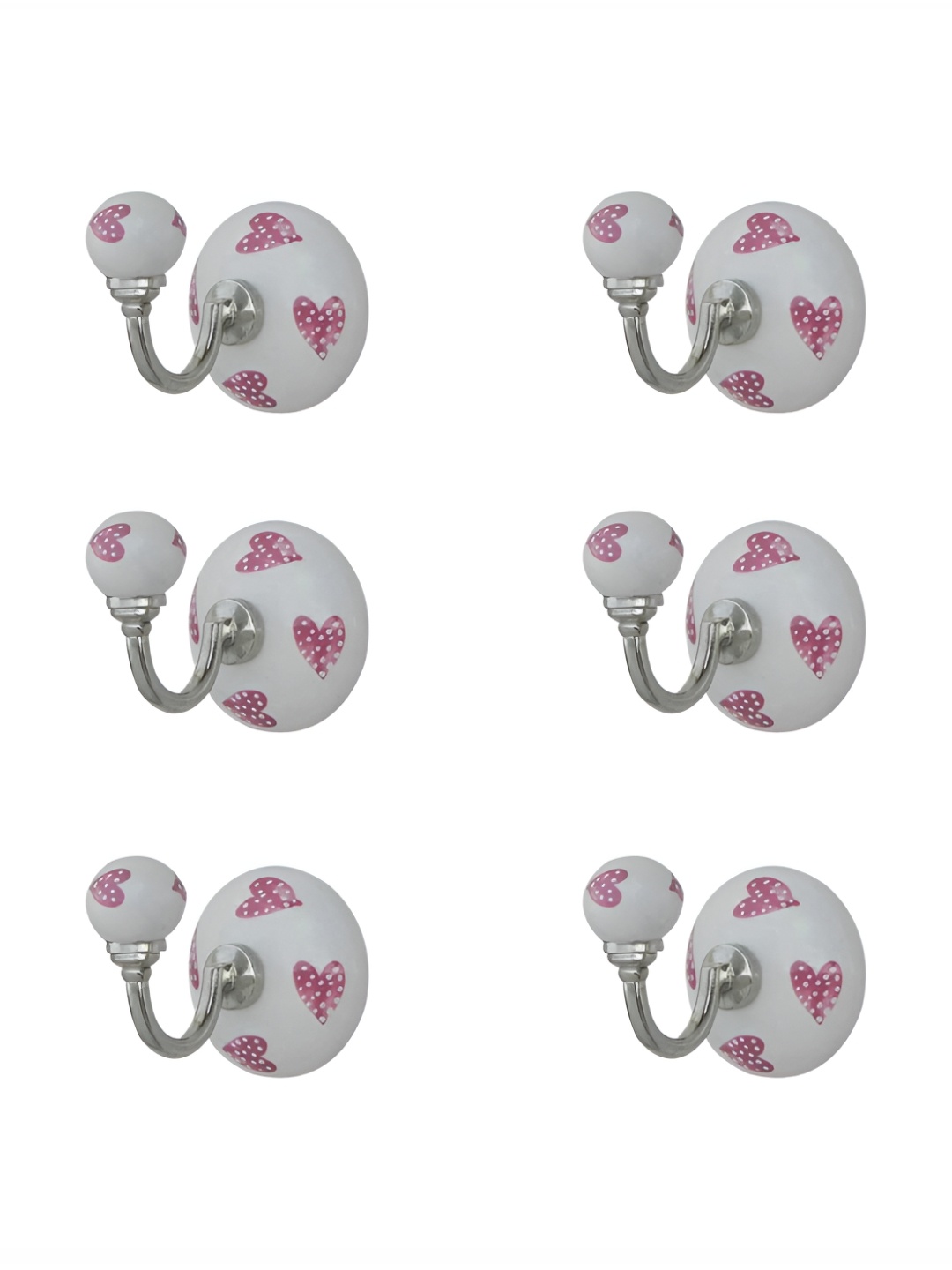 

IndianShelf White & Pink 6 Pcs Heart Printed Ceramic Wall Hooks