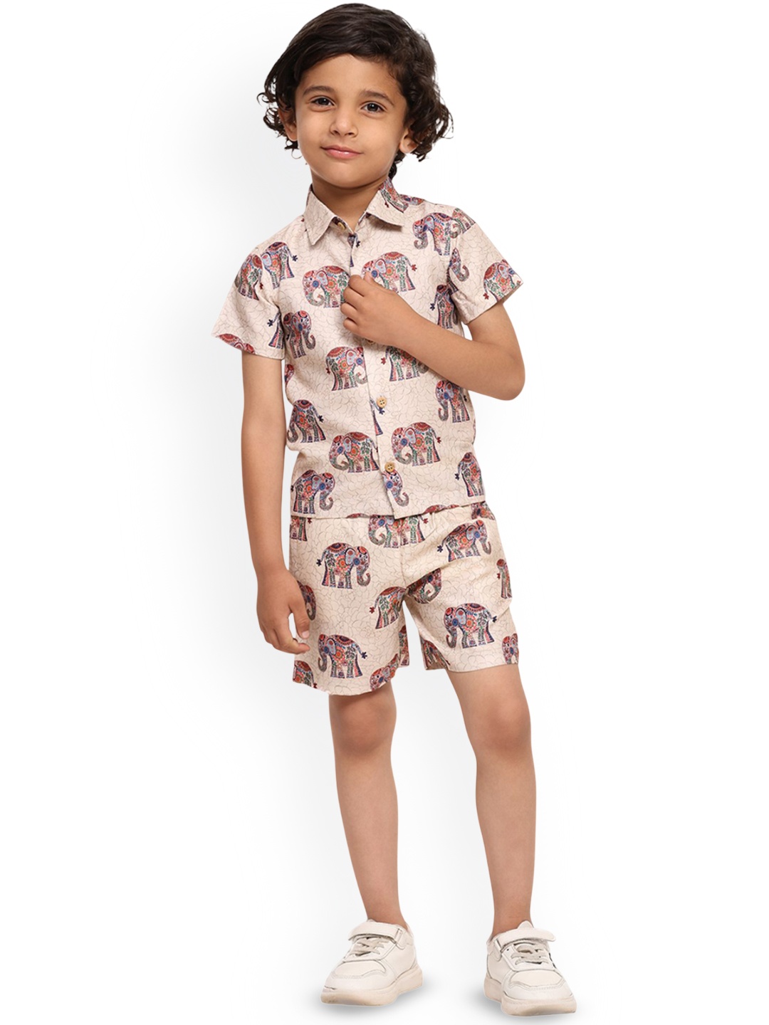 

Funny Bones Clothings Boys Printed Short Sleeves Linen Shirt With Shorts, Beige