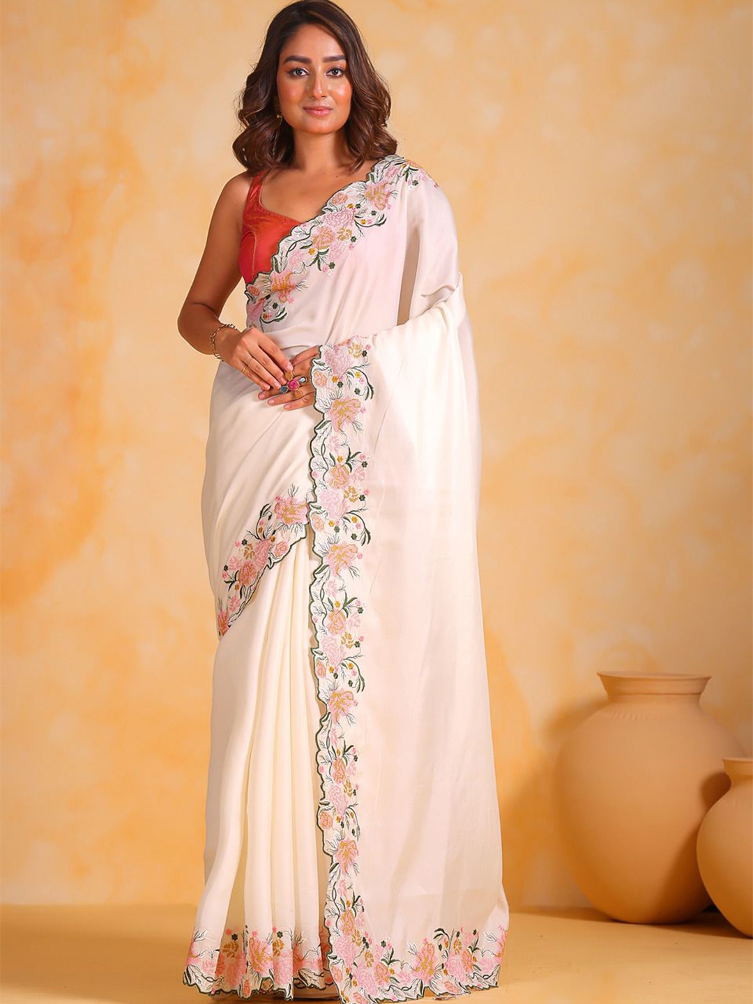 

Anouk Embroidered Silk Blend Saree, White