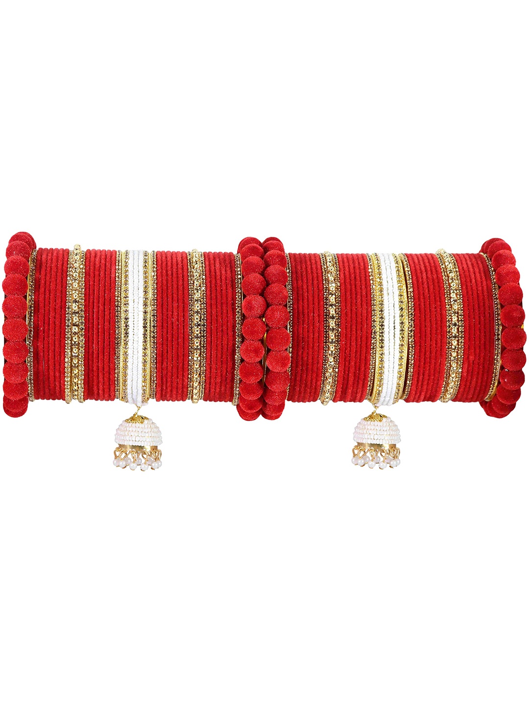 

ZULKA Set of 74 Alloy Base Velvet Finish Artificial Stone Latkan Bridal Bangle, Red