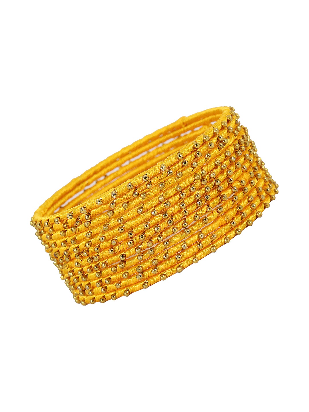 

ZULKA Set of 12 Silk thread Ball Stone Studded Metal Bangles, Yellow