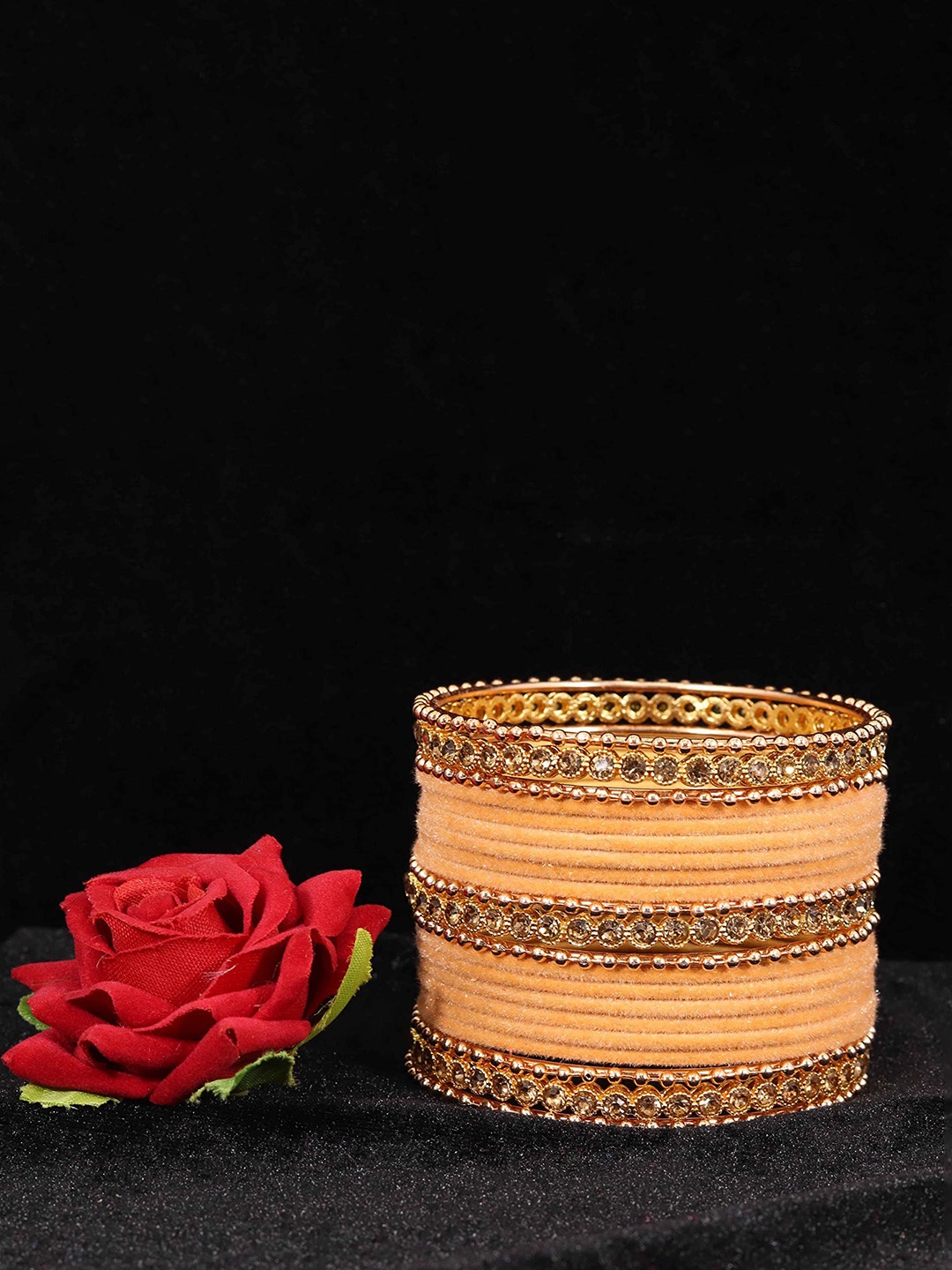 

ZULKA Set Of 40 Zircon Studded Zari Dotted & Pearls Beaded Metal Bangles, Peach