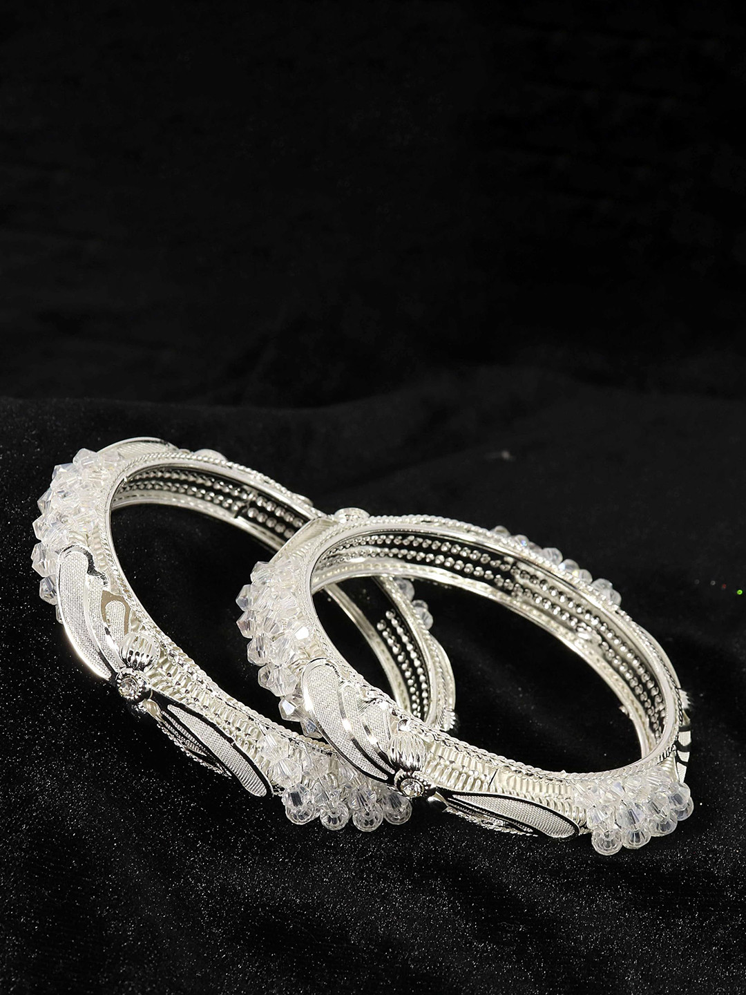 

ZULKA Set Of 2 Silver-Plated Zircon Stone Studded Bangles