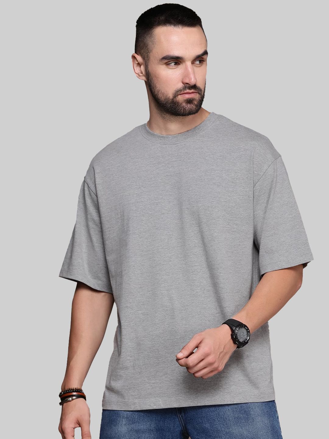 

Leotude Men Solid Round Neck Cotton Oversized T-shirt, Grey