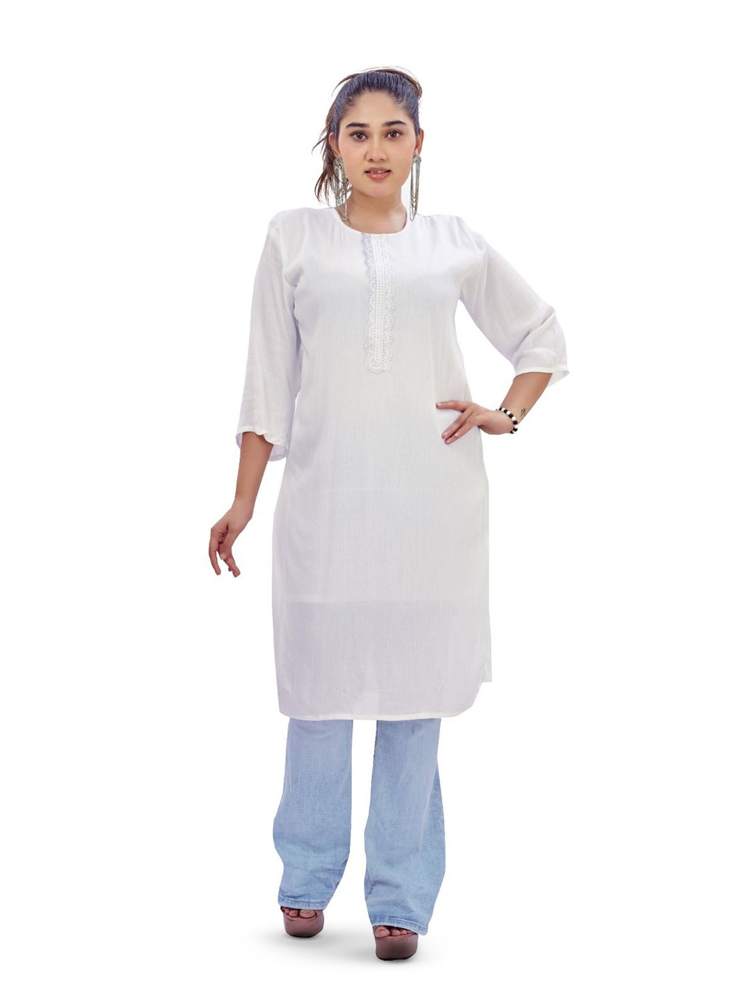 

Ayukti Women Straight Kurta With Jeans, White