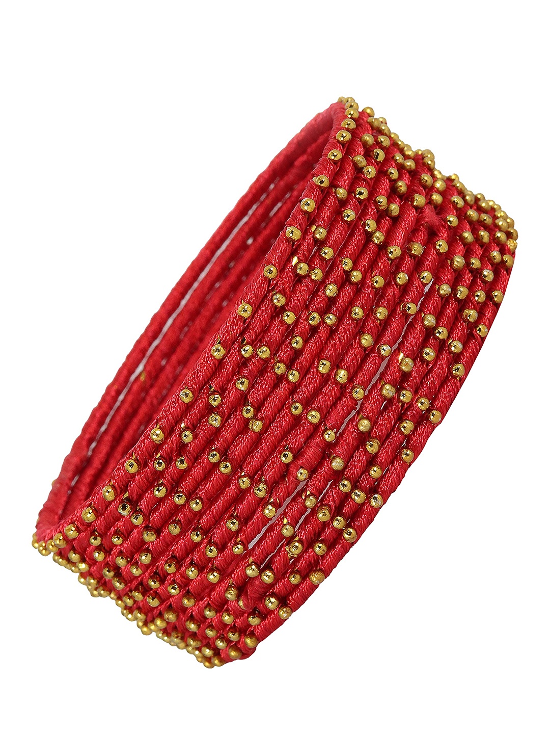 

ZULKA Set of 12 Silk thread Ball Stone Studded Metal Bangles, Red