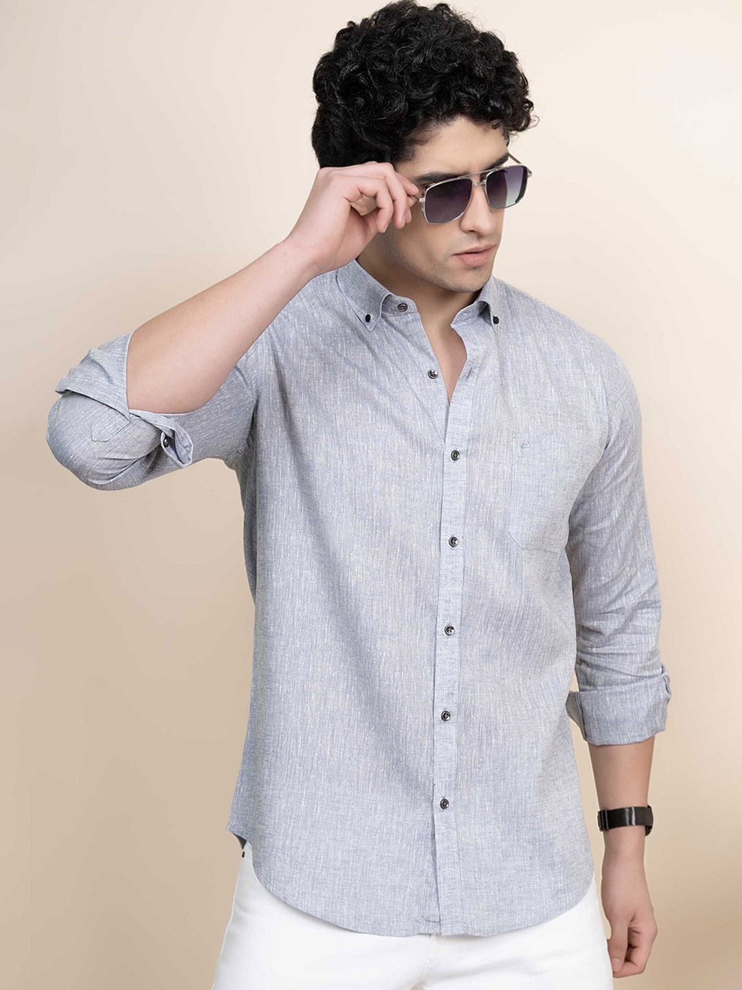 

ALMATY Men Comfort Button-Down Collar Solid Linen Casual Shirt, Grey