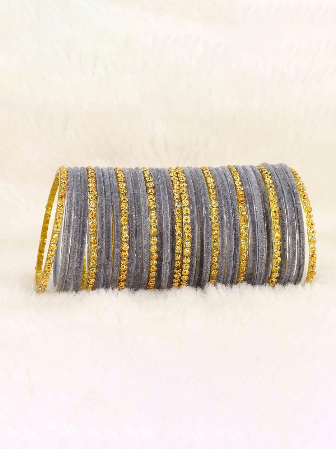 

Set of 34 Stylish Glass & Golden Beads Velvet Bangle | Fancy Bangles, Grey
