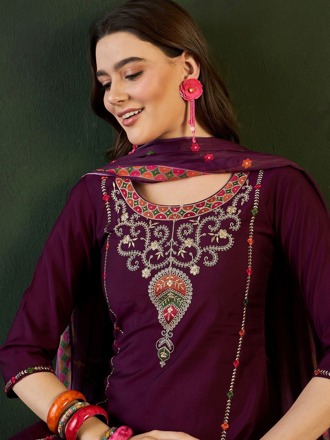 

Sangria Purple Floral Embroidered Zari Sequence Kurta With Trousers & Dupatta Set