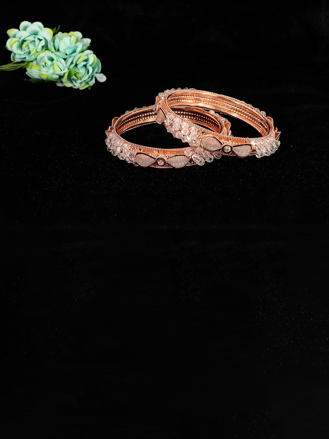 

Set of 2 Rose-Gold Plated Metal with Pearls & Zircon Stone Studded Bangles Kada, White