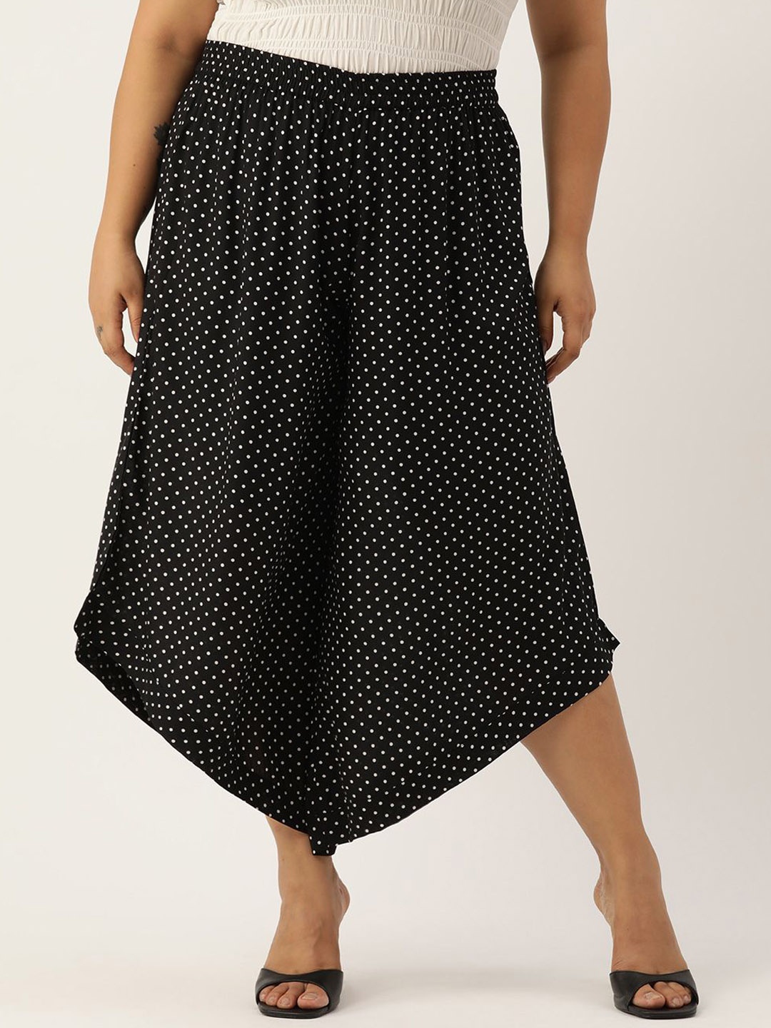 

theRebelinme Women Plus Size Polka Dot Printed Flared Cropped Palazzo, Black