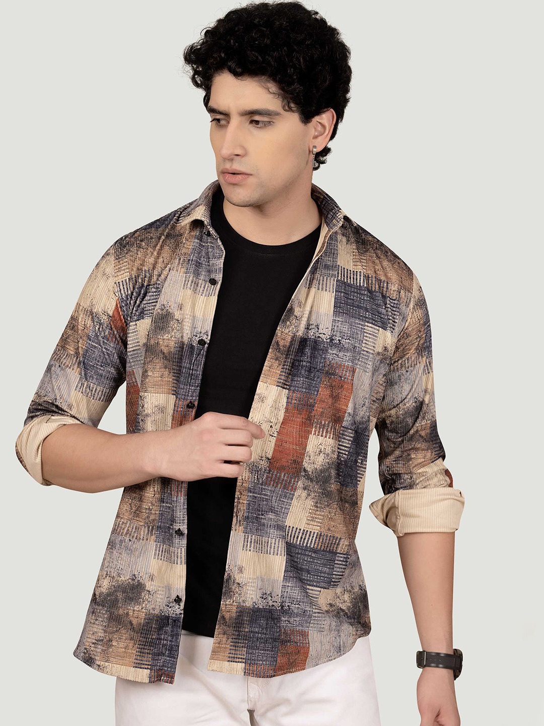 

ALMATY Men Comfort Spread Collar Abstract Printed Casual Shirt, Beige