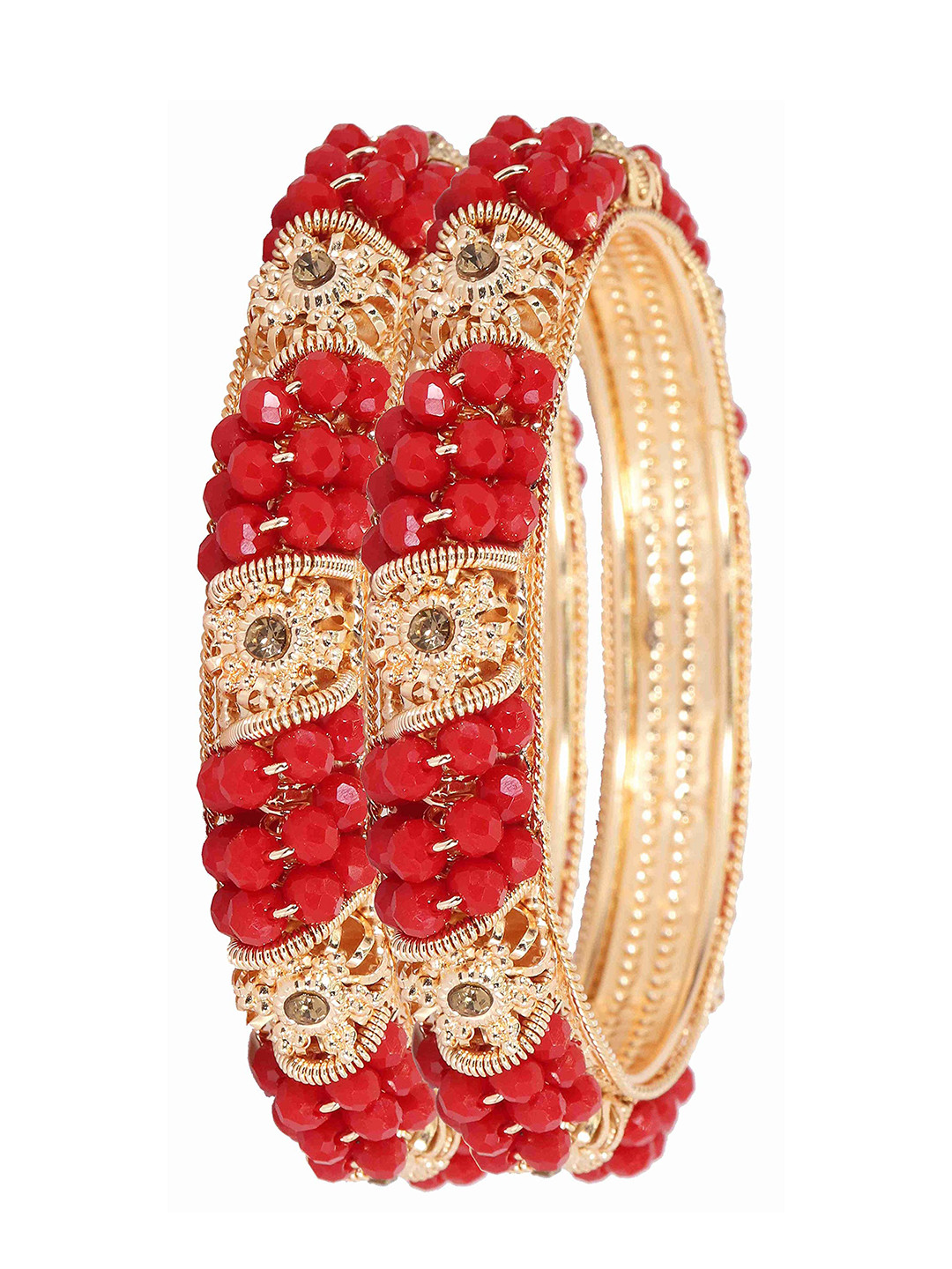 

ZULKA Set of 2 Metal with Zircon Gemstone & Colourful Beads Kada, Red