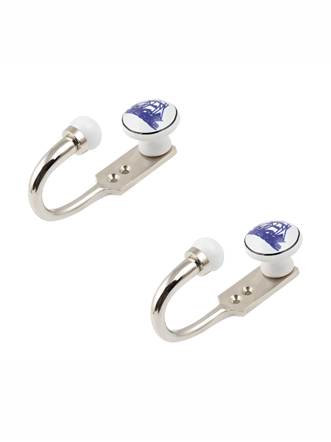 

IndianShelf White & Blue 2 Pieces Boat Printed Ceramic & Zinc Wall Hooks