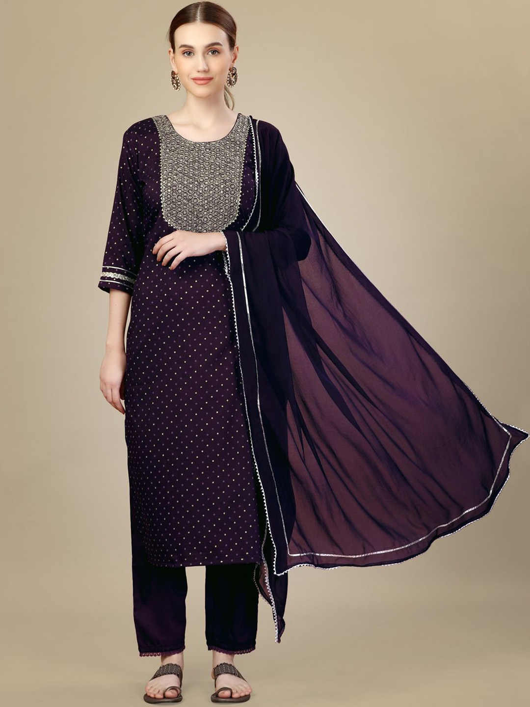 

BERISTON Women Floral Embroidered Kurta with Trousers & With Dupatta, Purple