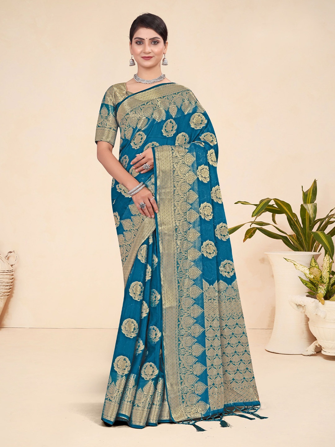 

KSM PRINTS Woven Design Zari Saree with Blouse Piece, Blue