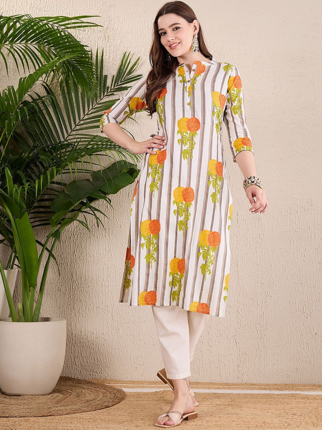 

Anouk Striped Floral Printed Kurta, Multi