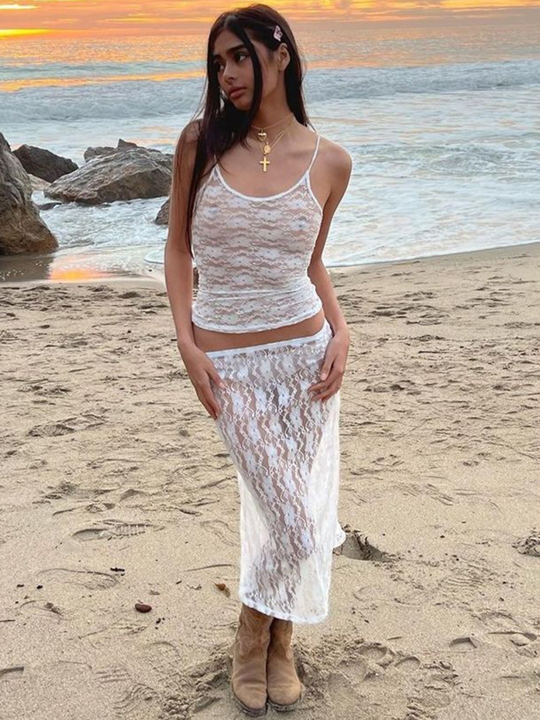 

LULU & SKY Self Design Shoulder Straps Neck Sleeveless Top With Skirt, White